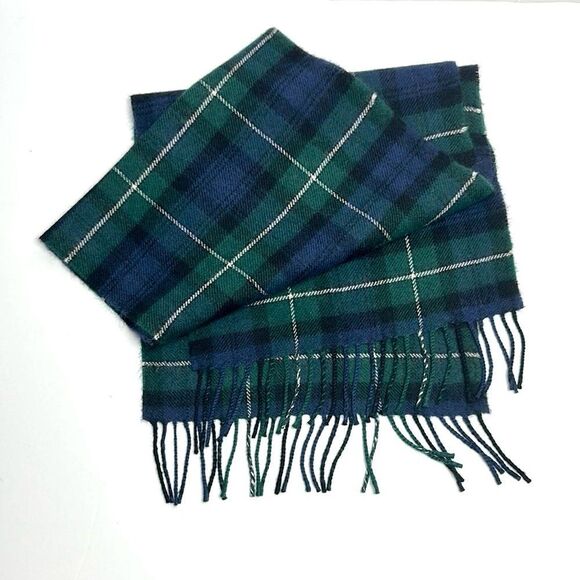 Men’s Ingles Buchan Wool Scarf Green Blue Tartan Plaid Fringe Made in Scotland - Picture 4 of 5